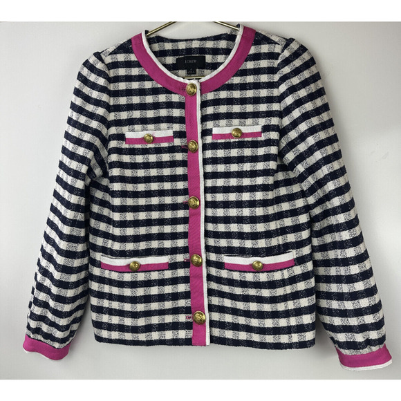 J. Crew Grosgrain Trim Jacket in Gingham Tweed AJ953 Pink Trim Women's Size 2 - Picture 2 of 16